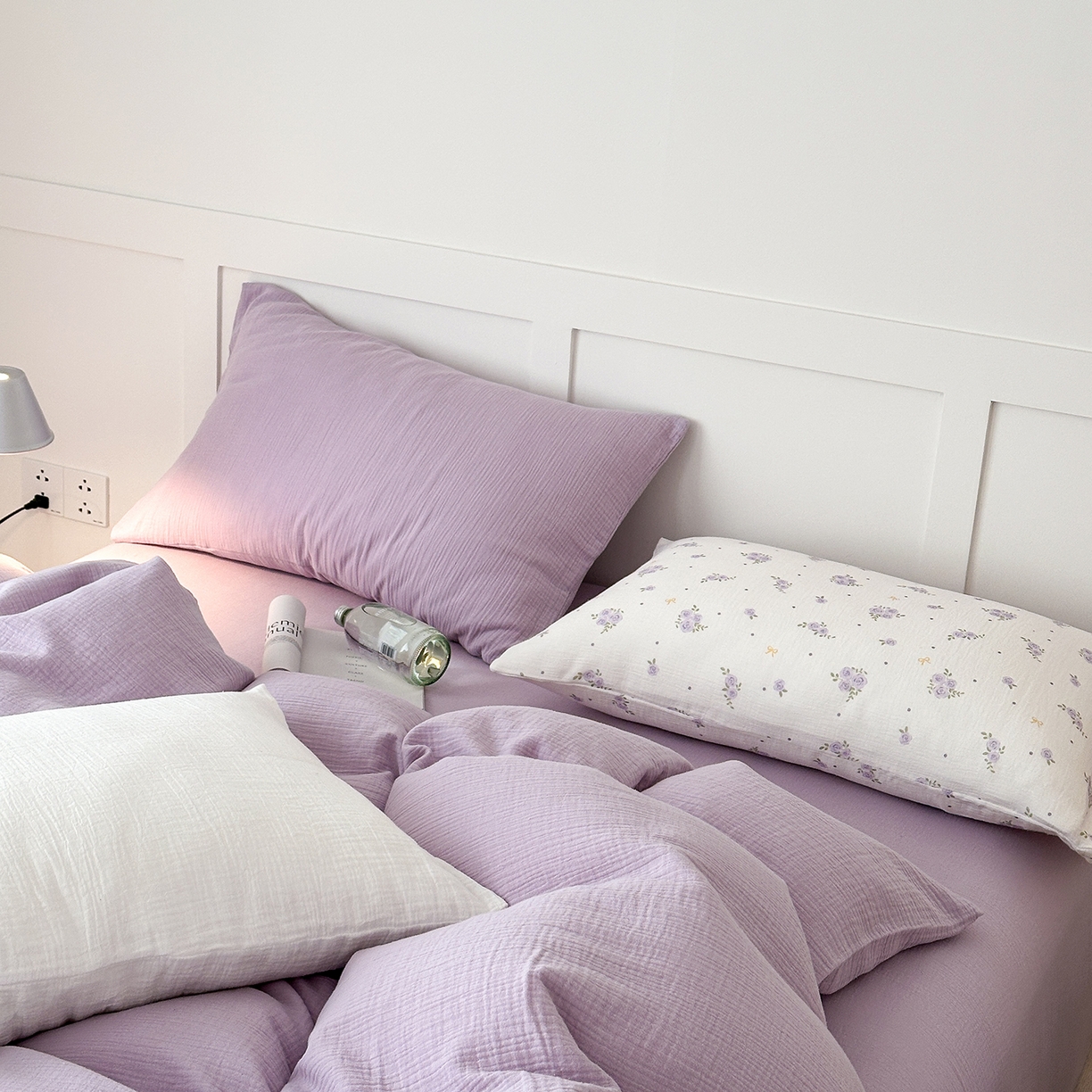 91家纺网 家纺一手货源 找家纺 玖弘家居 2026新款糖果印花色系皱皱纱四件套系列 浅紫（浅紫+柔紫花信）