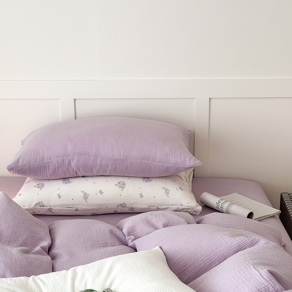 91家纺网 家纺一手货源 找家纺 玖弘家居 2026新款糖果印花色系皱皱纱四件套系列 浅紫（浅紫+柔紫花信）