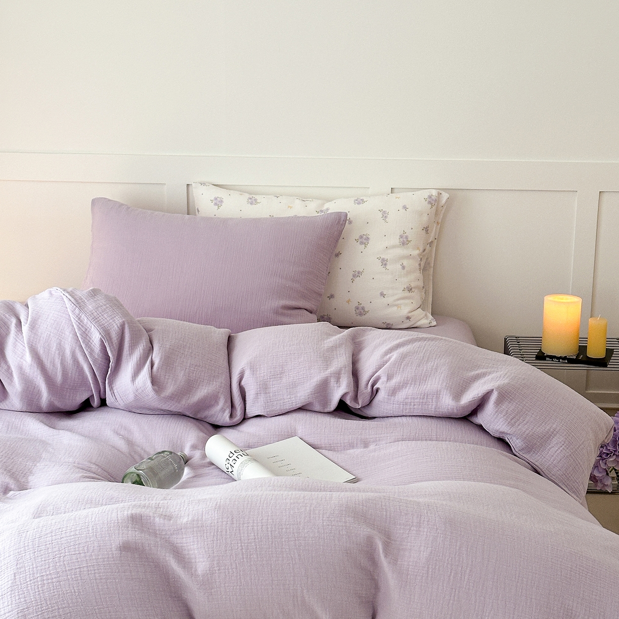 91家纺网 家纺一手货源 找家纺 玖弘家居 2026新款糖果印花色系皱皱纱四件套系列 浅紫（浅紫+柔紫花信）