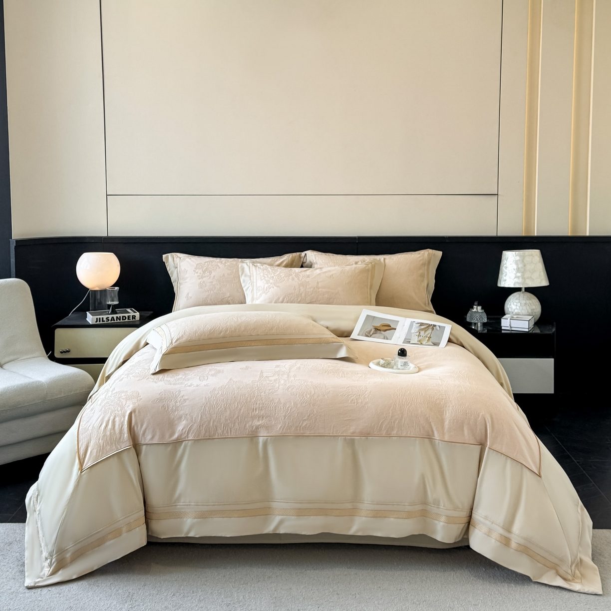 91家纺网 家纺一手货源 找家纺 博纳家纺 2026春夏新款60支全棉纯棉厚织提花绣花宽边高级简奢纯棉四件套-琼楼玉宇 琼楼玉宇-香槟