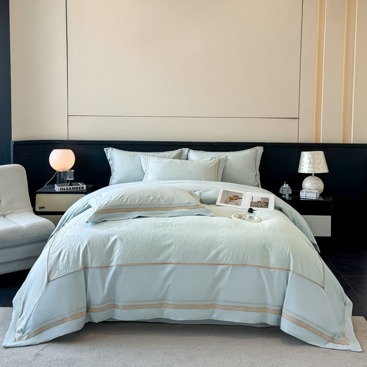 91家纺网 家纺一手货源 找家纺 博纳家纺 2026春夏新款60支全棉纯棉厚织提花绣花宽边高级简奢纯棉四件套-琼楼玉宇 琼楼玉宇-天蓝