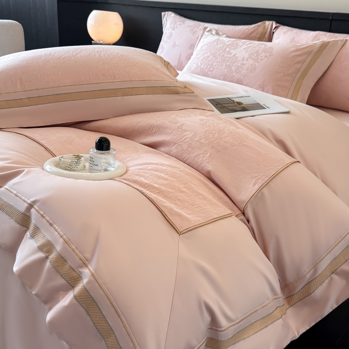 博纳家纺 2026春夏新款60支全棉纯棉厚织提花绣花宽边高级简奢纯棉四件套-琼楼玉宇 琼楼玉宇-淡雅粉