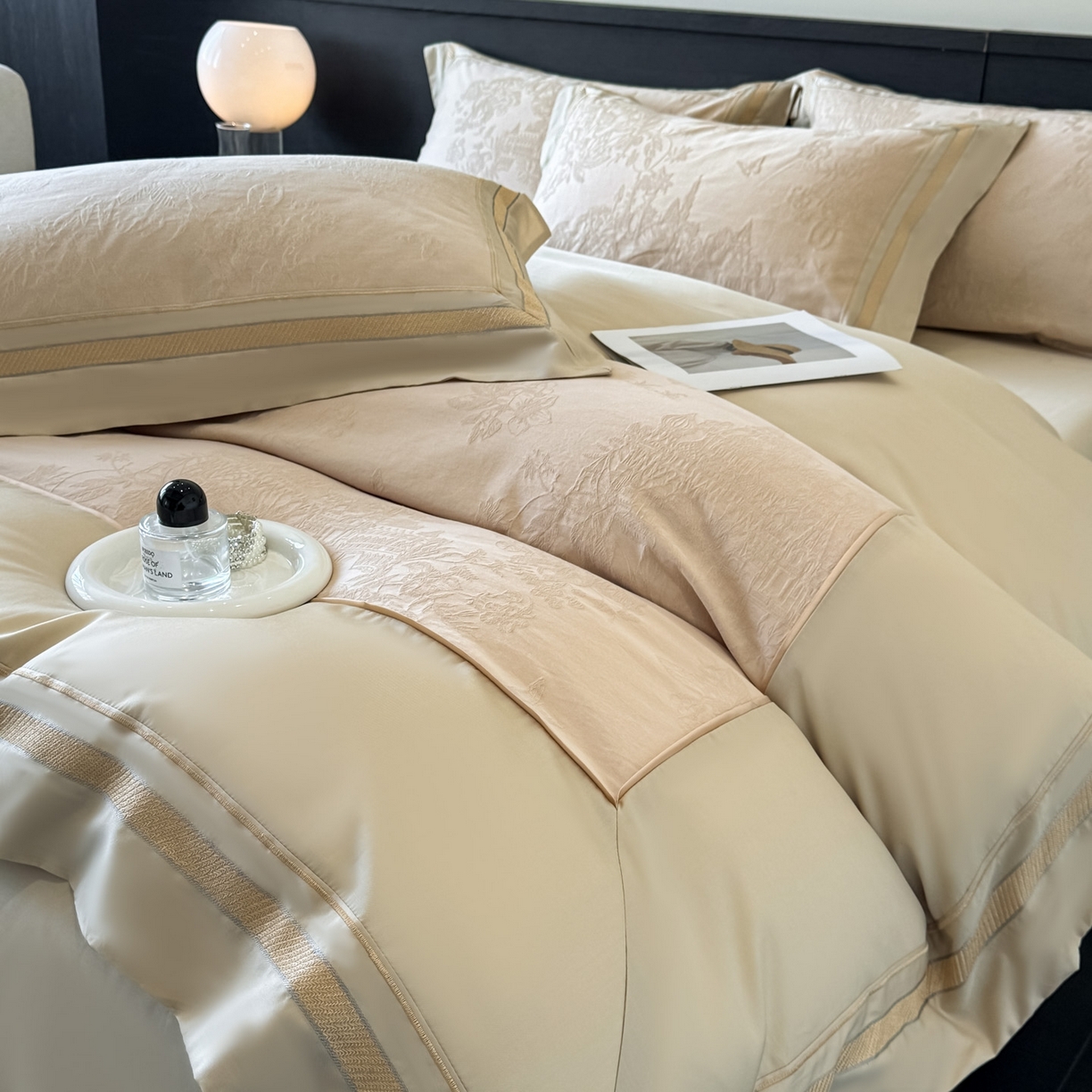 博纳家纺 2026春夏新款60支全棉纯棉厚织提花绣花宽边高级简奢纯棉四件套-琼楼玉宇 琼楼玉宇-香槟