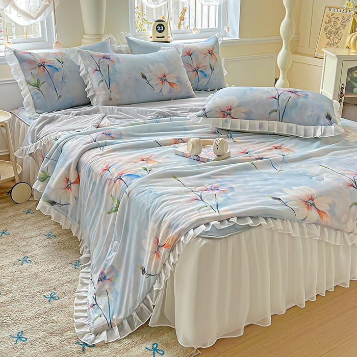 91家纺网 家纺一手货源 找家纺 （总）栩裕纺织 2026新款（常年不断货）A类凉感丝床裙款凉席夏被四件套花边空调被三件套