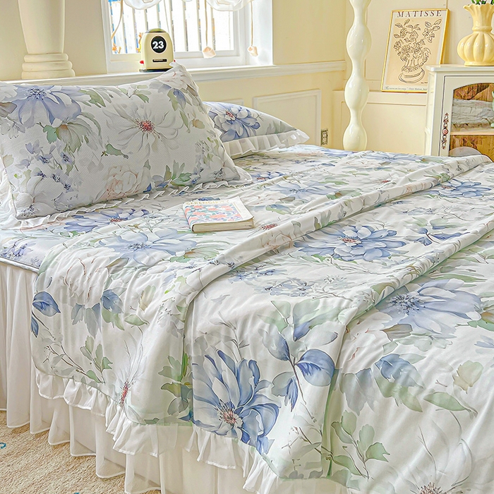 91家纺网 家纺一手货源 找家纺 栩裕纺织 2026新款（常年不断货）A类凉感丝床裙款凉席夏被四件套花边空调被三件套 繁花