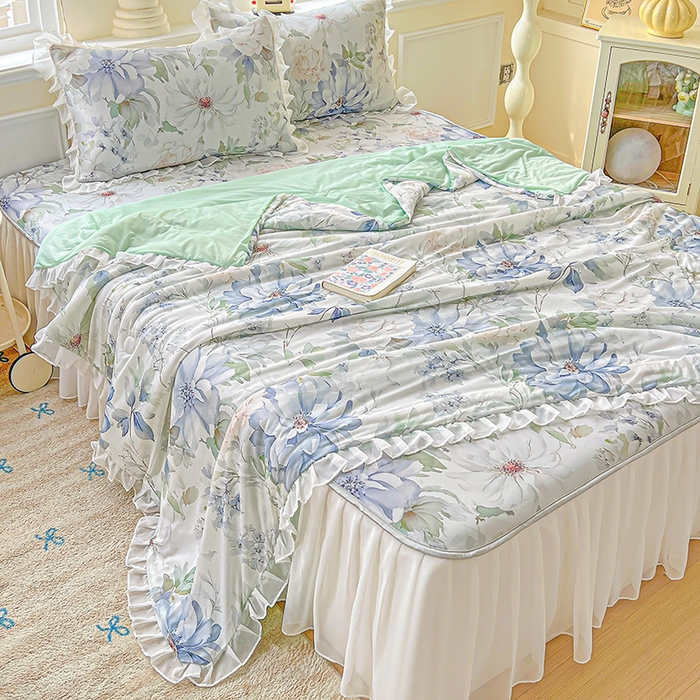 91家纺网 家纺一手货源 找家纺 栩裕纺织 2026新款（常年不断货）A类凉感丝床裙款凉席夏被四件套花边空调被三件套 繁花