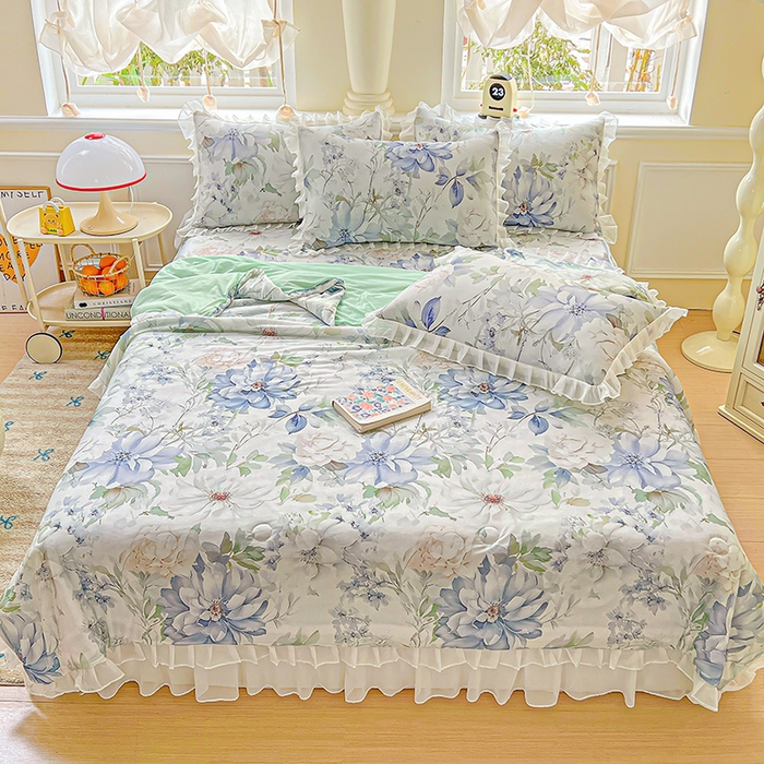 91家纺网 家纺一手货源 找家纺 栩裕纺织 2026新款（常年不断货）A类凉感丝床裙款凉席夏被四件套花边空调被三件套 繁花