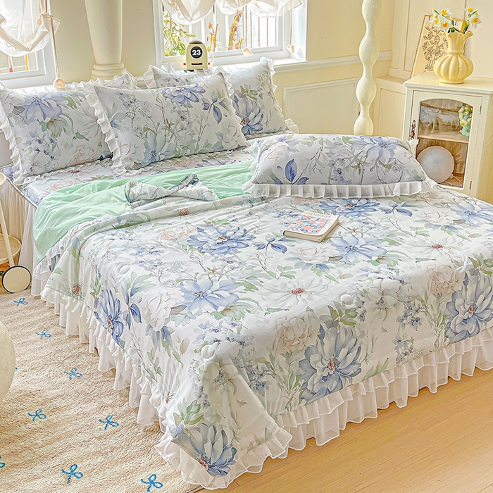 91家纺网 家纺一手货源 找家纺 栩裕纺织 2026新款（常年不断货）A类凉感丝床裙款凉席夏被四件套花边空调被三件套 繁花