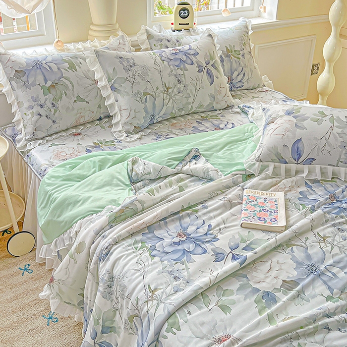 91家纺网 家纺一手货源 找家纺 栩裕纺织 2026新款（常年不断货）A类凉感丝床裙款凉席夏被四件套花边空调被三件套 繁花