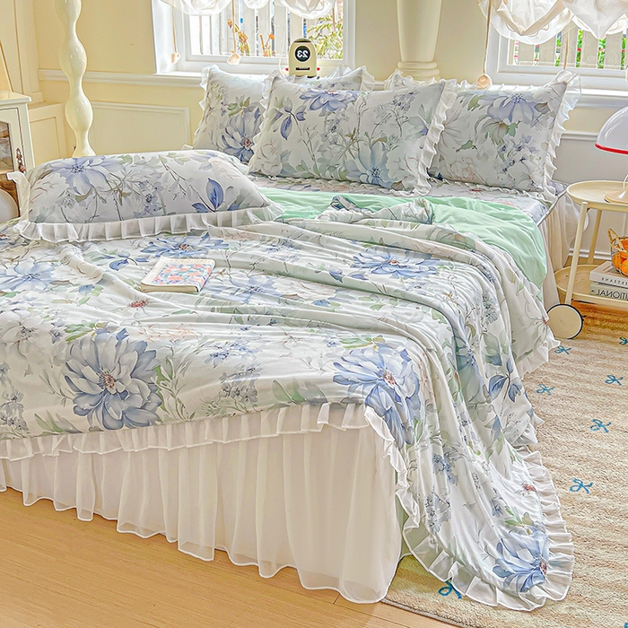 91家纺网 家纺一手货源 找家纺 栩裕纺织 2026新款（常年不断货）A类凉感丝床裙款凉席夏被四件套花边空调被三件套 繁花