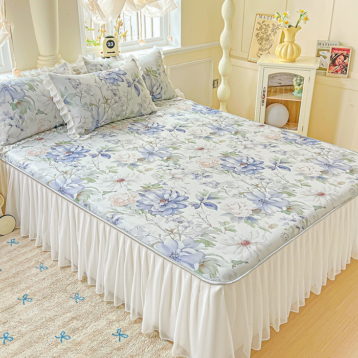 91家纺网 家纺一手货源 找家纺 栩裕纺织 2026新款（常年不断货）A类凉感丝床裙款凉席夏被四件套花边空调被三件套 繁花