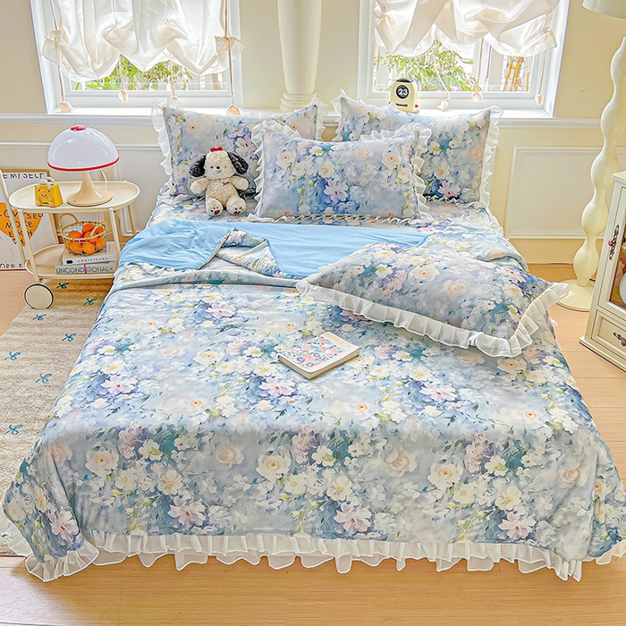 91家纺网 家纺一手货源 找家纺 栩裕纺织 2026新款（常年不断货）A类凉感丝床裙款凉席夏被四件套花边空调被三件套 艾维斯