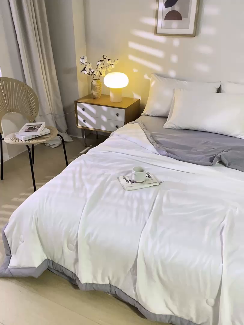 91家纺网 家纺一手货源 找家纺 憨豆  2026新款撞色双拼新疆棉花被夏被无印风水洗棉空调被夏凉被子（常年有货） 棉朵-浅灰白