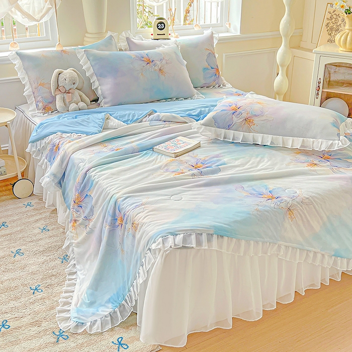 栩裕纺织 2026新款（常年不断货）A类凉感丝床裙款凉席夏被四件套花边空调被三件套 馨韵