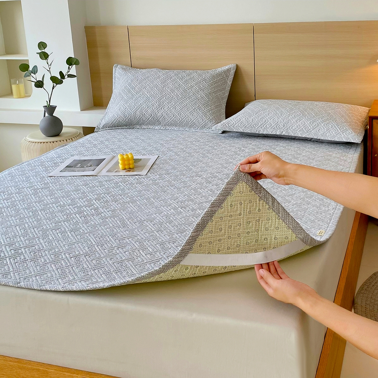 91家纺网 家纺一手货源 找家纺 金鑫汇家纺 2026春夏新款成人床新花型老粗布夹棉床盖软凉席席子可以机洗 流光灰