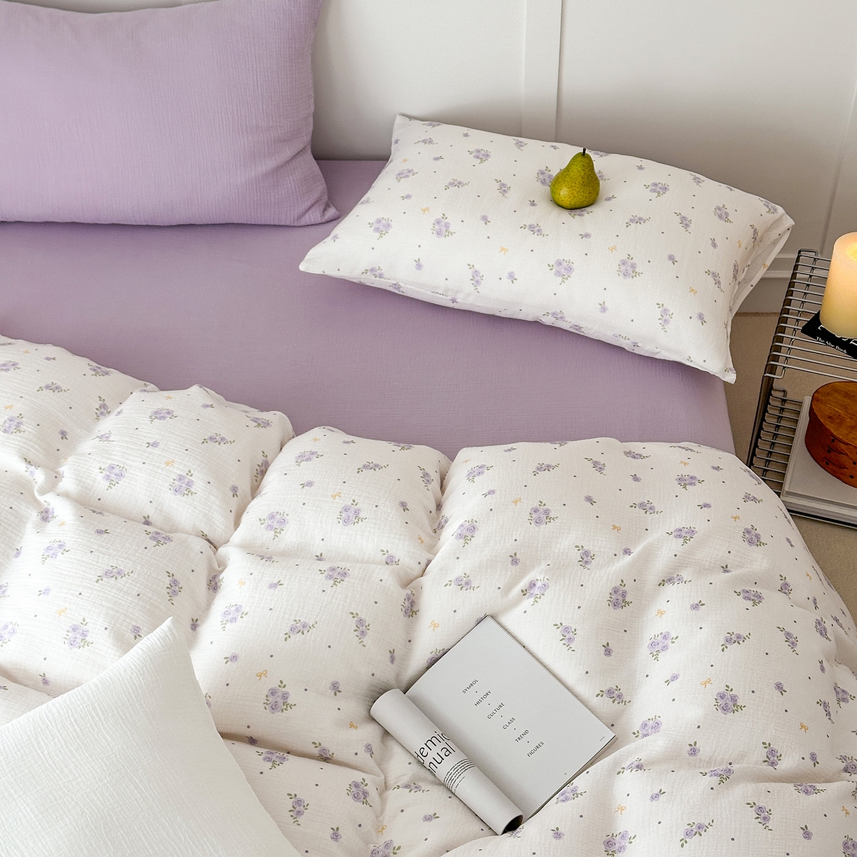 玖弘家居 2026新款糖果印花色系皱皱纱四件套系列 柔紫花信+浅紫（柔紫花信+浅紫）