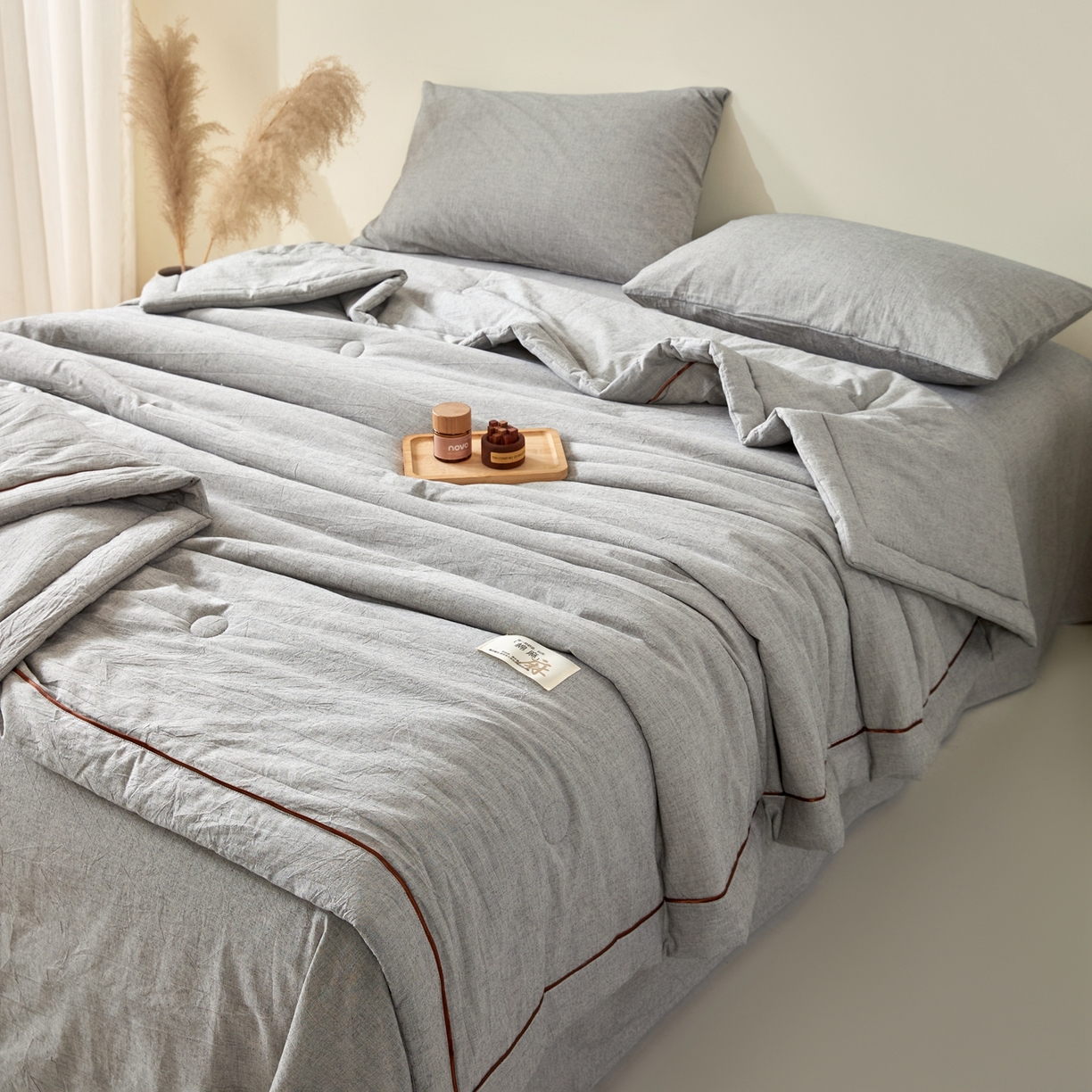 91家纺网 家纺一手货源 找家纺 吾诺家居 2026春夏新款纯色棉麻棉花夏被夏凉被空调被-麻生活系列 麻生活-浅灰