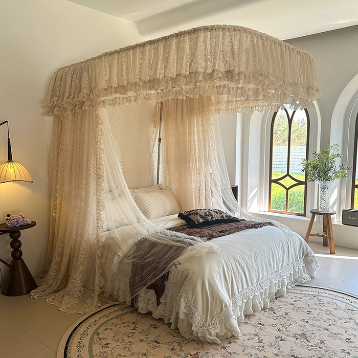 都市缘蚊帐 2026春夏新款单双层豪华高端蕾丝提花款导轨蚊帐-玫瑰庄园 305玫瑰庄园奶油杏