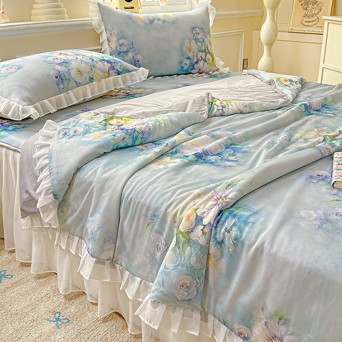 91家纺网 家纺一手货源 找家纺 栩裕纺织 2026新款（常年不断货）A类凉感丝床裙款凉席夏被四件套花边空调被三件套 华尔兹