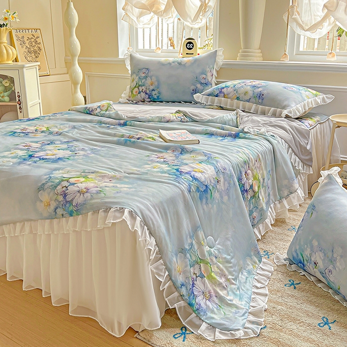 91家纺网 家纺一手货源 找家纺 栩裕纺织 2026新款（常年不断货）A类凉感丝床裙款凉席夏被四件套花边空调被三件套 华尔兹