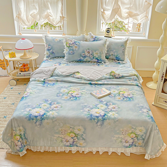 91家纺网 家纺一手货源 找家纺 栩裕纺织 2026新款（常年不断货）A类凉感丝床裙款凉席夏被四件套花边空调被三件套 华尔兹