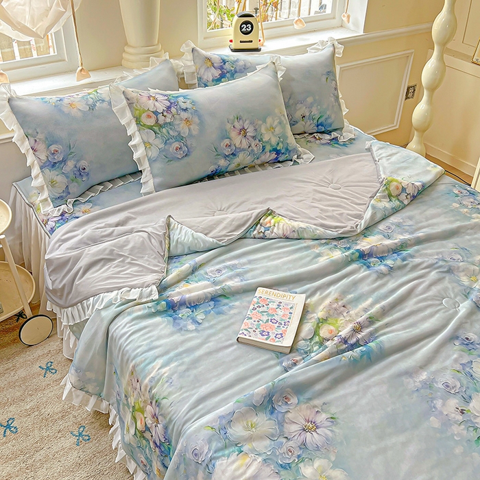 91家纺网 家纺一手货源 找家纺 栩裕纺织 2026新款（常年不断货）A类凉感丝床裙款凉席夏被四件套花边空调被三件套 华尔兹