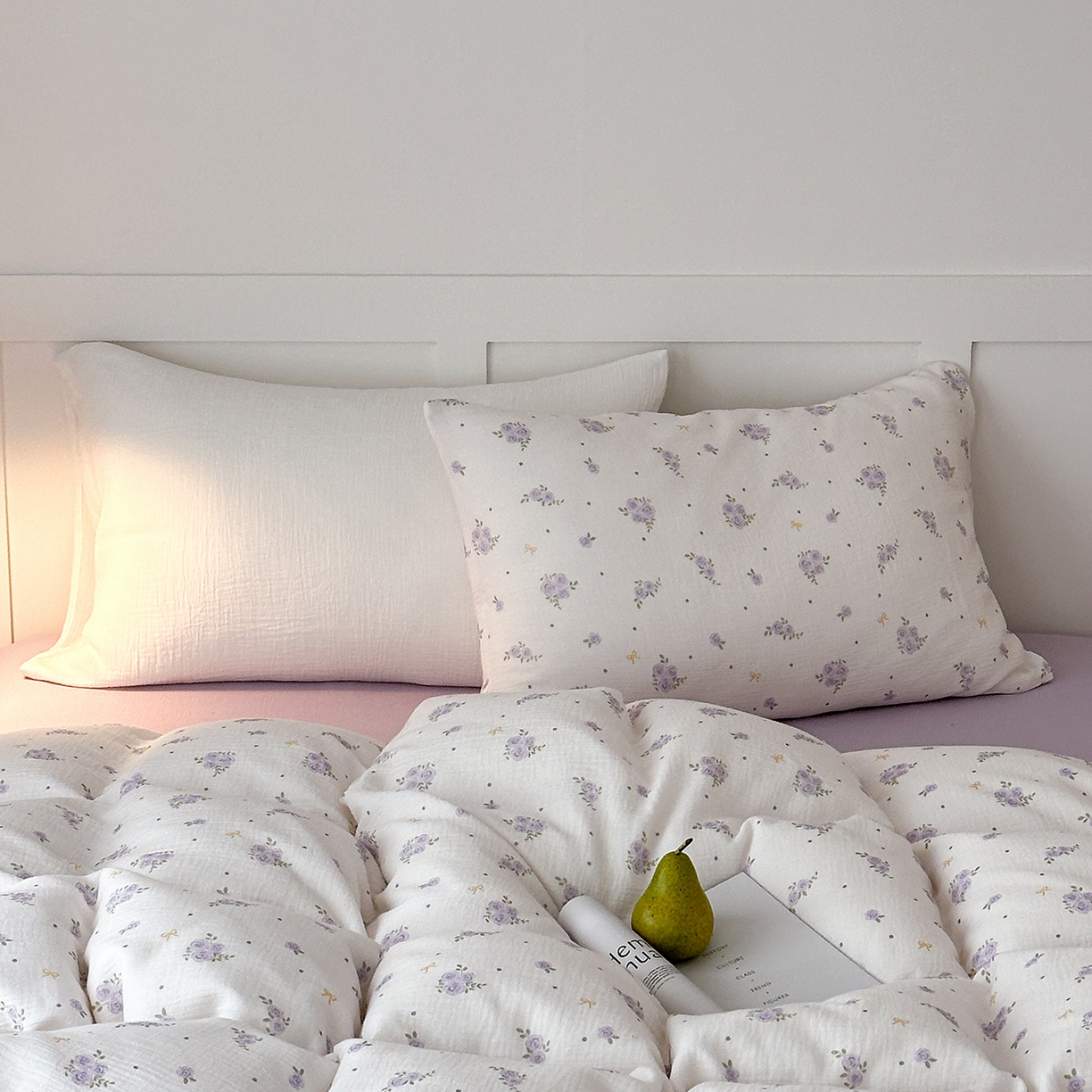 91家纺网 家纺一手货源 找家纺 玖弘家居 2026新款糖果印花色系皱皱纱四件套系列 柔紫花信+浅紫（柔紫花信一对）