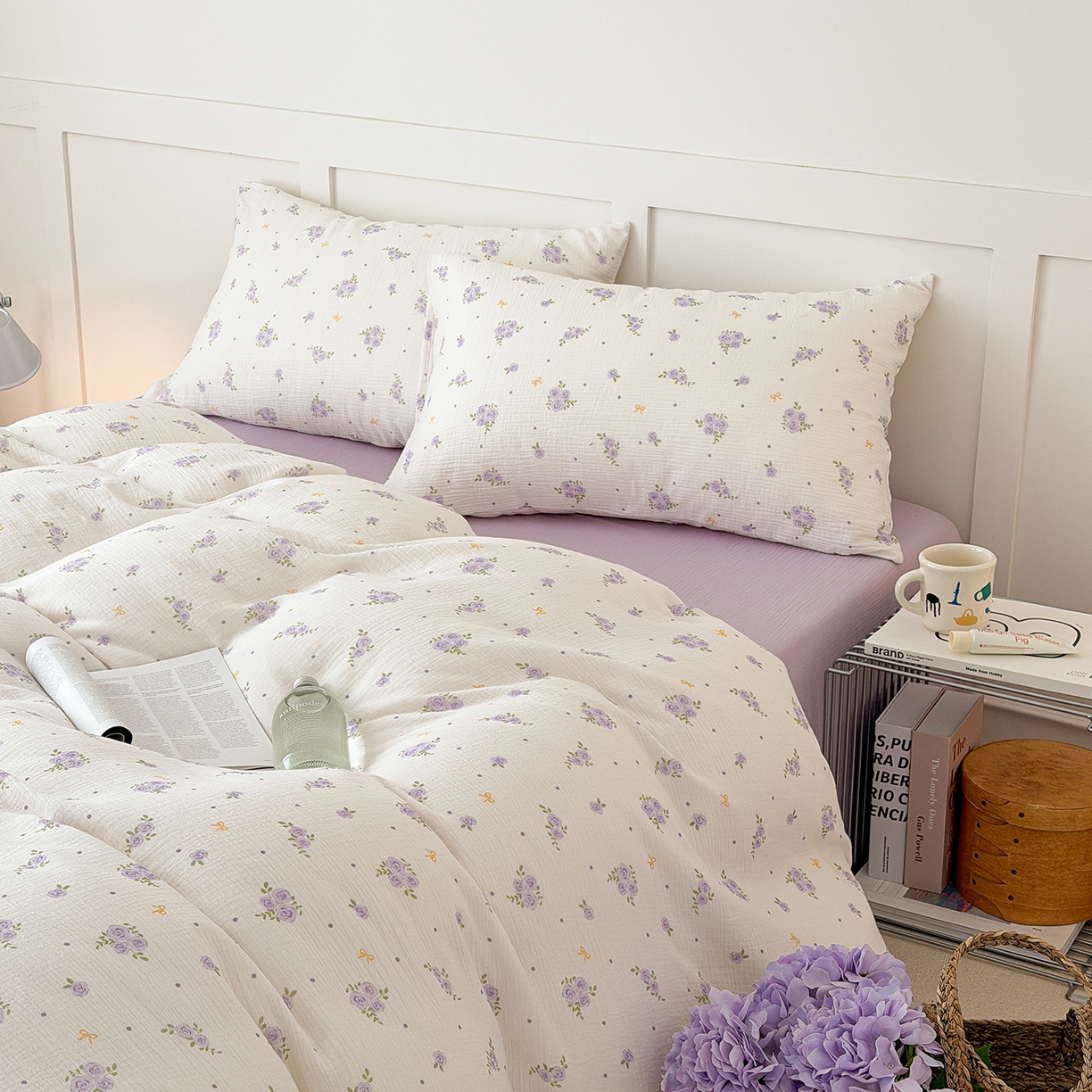 91家纺网 家纺一手货源 找家纺 玖弘家居 2026新款糖果印花色系皱皱纱四件套系列 柔紫花信+浅紫（柔紫花信一对）