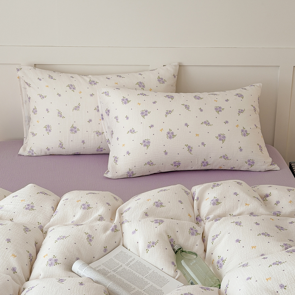 91家纺网 家纺一手货源 找家纺 玖弘家居 2026新款糖果印花色系皱皱纱四件套系列 柔紫花信+浅紫（柔紫花信一对）