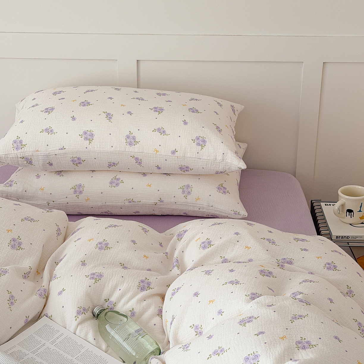 91家纺网 家纺一手货源 找家纺 玖弘家居 2026新款糖果印花色系皱皱纱四件套系列 柔紫花信+浅紫（柔紫花信一对）