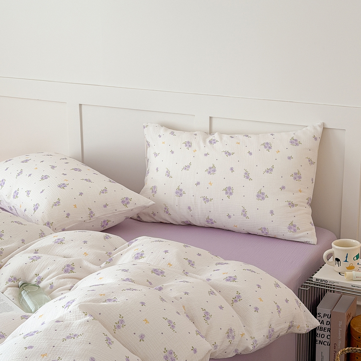 91家纺网 家纺一手货源 找家纺 玖弘家居 2026新款糖果印花色系皱皱纱四件套系列 柔紫花信+浅紫（柔紫花信一对）
