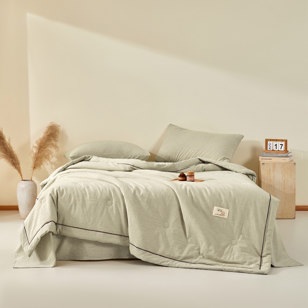 91家纺网 家纺一手货源 找家纺 吾诺家居 2026春夏新款纯色棉麻棉花夏被夏凉被空调被-麻生活系列 麻生活-清绿