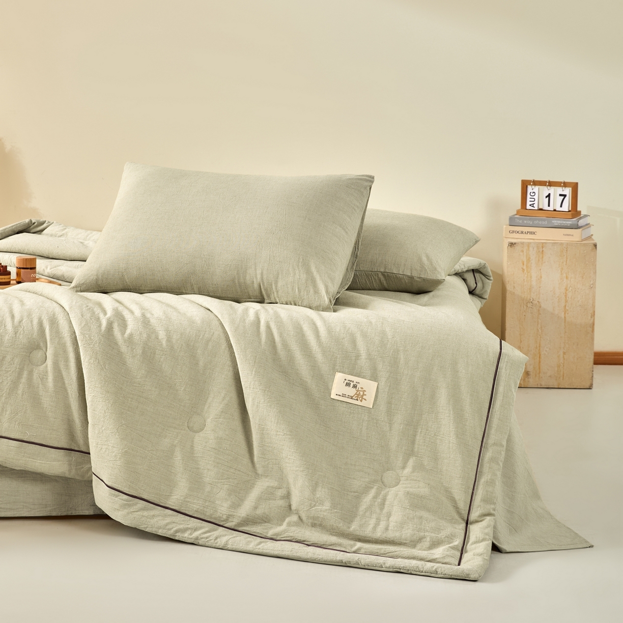 91家纺网 家纺一手货源 找家纺 吾诺家居 2026春夏新款纯色棉麻棉花夏被夏凉被空调被-麻生活系列 麻生活-清绿
