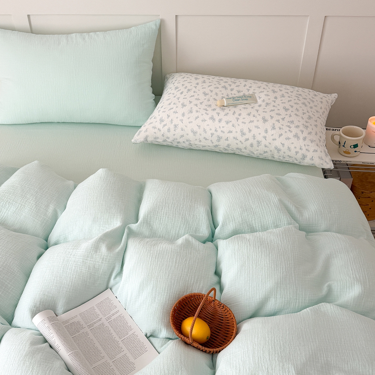 玖弘家居 2026新款糖果印花色系皱皱纱四件套系列 水蓝（水蓝+清芷蓝鸢）