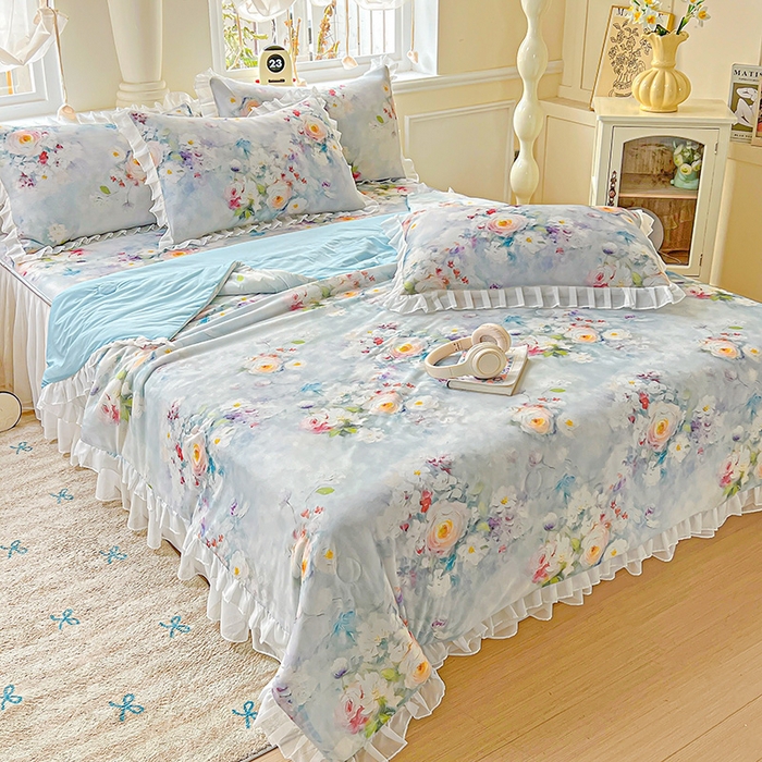 91家纺网 家纺一手货源 找家纺 栩裕纺织 2026新款（常年不断货）A类凉感丝床裙款凉席夏被四件套花边空调被三件套 丽莎庄园