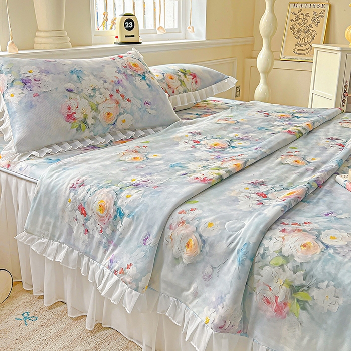 91家纺网 家纺一手货源 找家纺 栩裕纺织 2026新款（常年不断货）A类凉感丝床裙款凉席夏被四件套花边空调被三件套 丽莎庄园