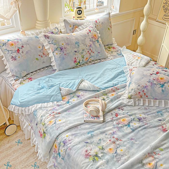 91家纺网 家纺一手货源 找家纺 栩裕纺织 2026新款（常年不断货）A类凉感丝床裙款凉席夏被四件套花边空调被三件套 丽莎庄园