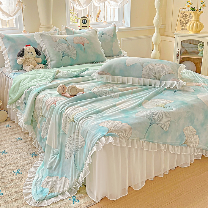 栩裕纺织 2026新款（常年不断货）A类凉感丝床裙款凉席夏被四件套花边空调被三件套 银杏漫舞