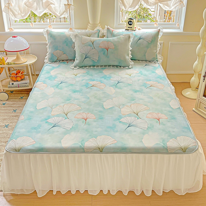 91家纺网 家纺一手货源 找家纺 栩裕纺织 2026新款（常年不断货）A类凉感丝床裙款凉席夏被四件套花边空调被三件套 银杏漫舞