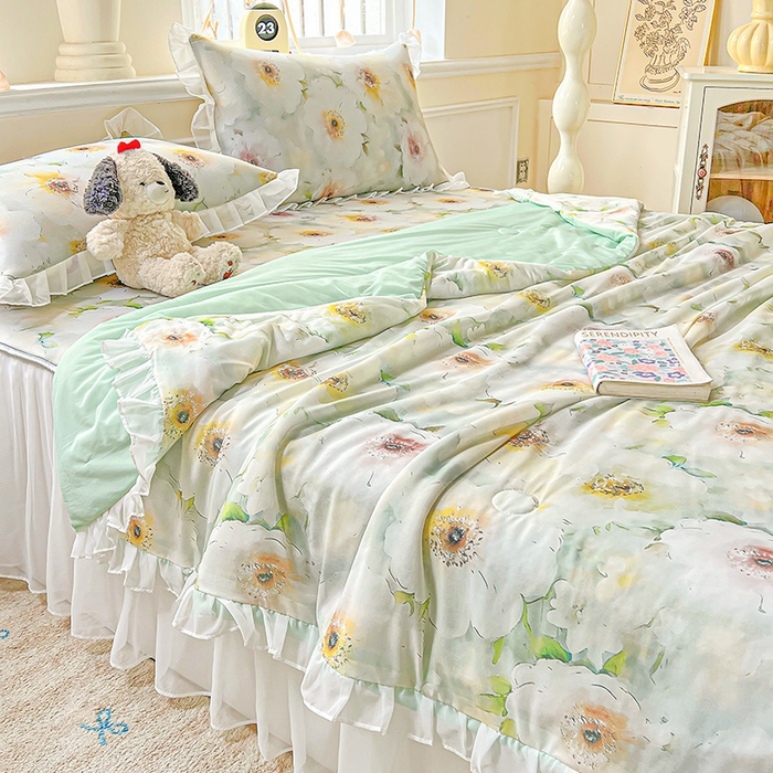 91家纺网 家纺一手货源 找家纺 栩裕纺织 2026新款（常年不断货）A类凉感丝床裙款凉席夏被四件套花边空调被三件套 梦露