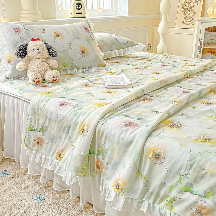 91家纺网 家纺一手货源 找家纺 栩裕纺织 2026新款（常年不断货）A类凉感丝床裙款凉席夏被四件套花边空调被三件套 梦露