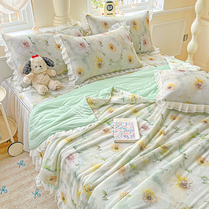 91家纺网 家纺一手货源 找家纺 栩裕纺织 2026新款（常年不断货）A类凉感丝床裙款凉席夏被四件套花边空调被三件套 梦露