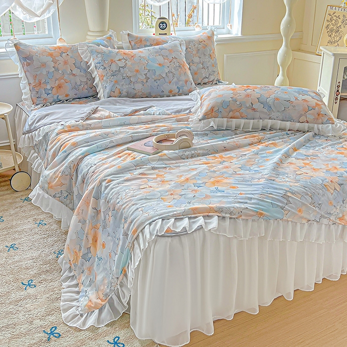 栩裕纺织 2026新款（常年不断货）A类凉感丝床裙款凉席夏被四件套花边空调被三件套 春花秋实