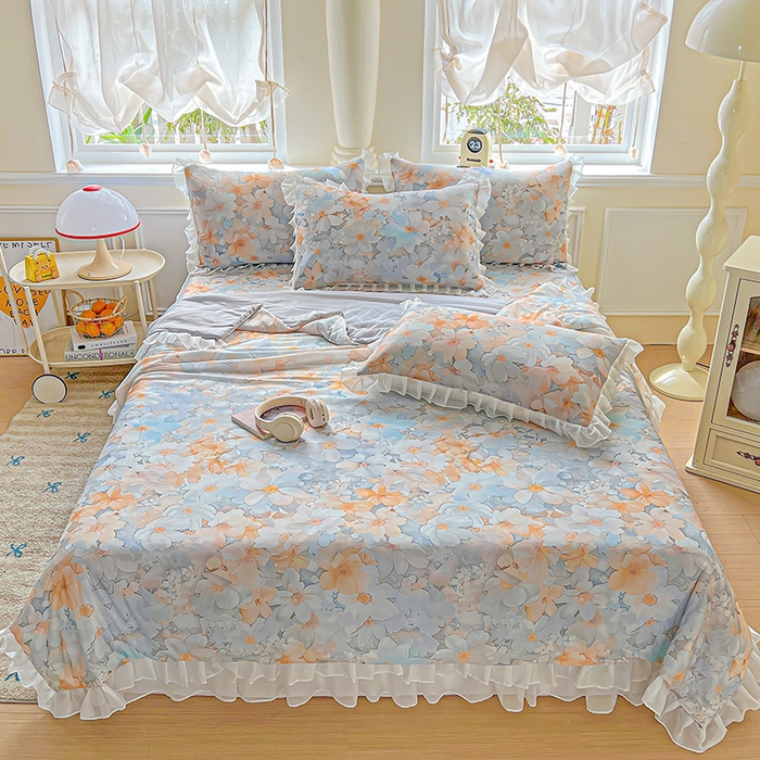 91家纺网 家纺一手货源 找家纺 栩裕纺织 2026新款（常年不断货）A类凉感丝床裙款凉席夏被四件套花边空调被三件套 春花秋实