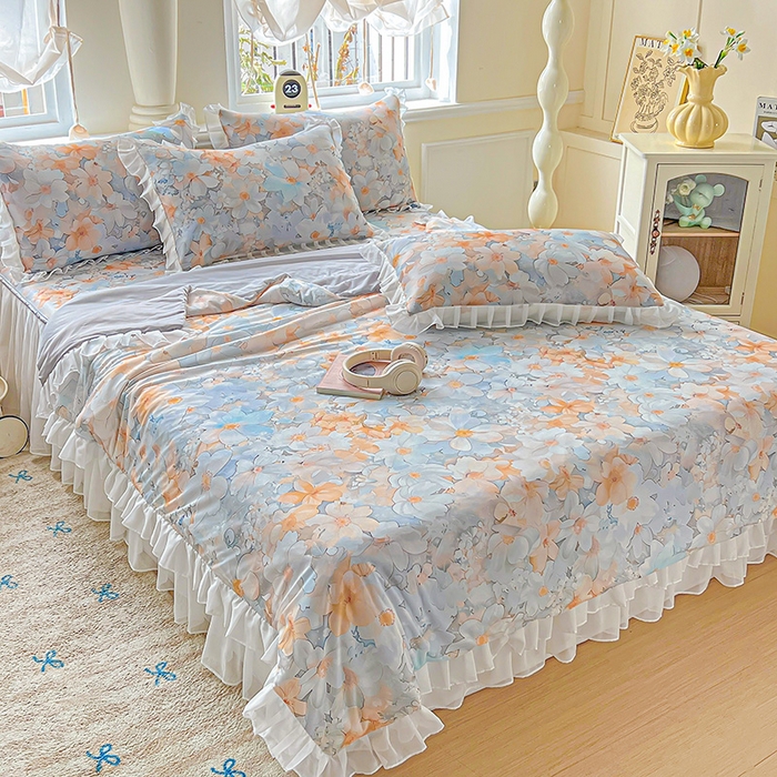 91家纺网 家纺一手货源 找家纺 栩裕纺织 2026新款（常年不断货）A类凉感丝床裙款凉席夏被四件套花边空调被三件套 春花秋实