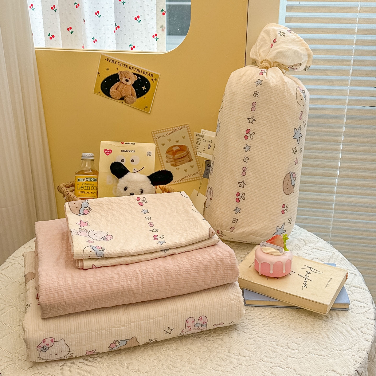 91家纺网 家纺一手货源 找家纺 （总）暖伊家居 2026新款糖果小布袋泡芙纱四件套