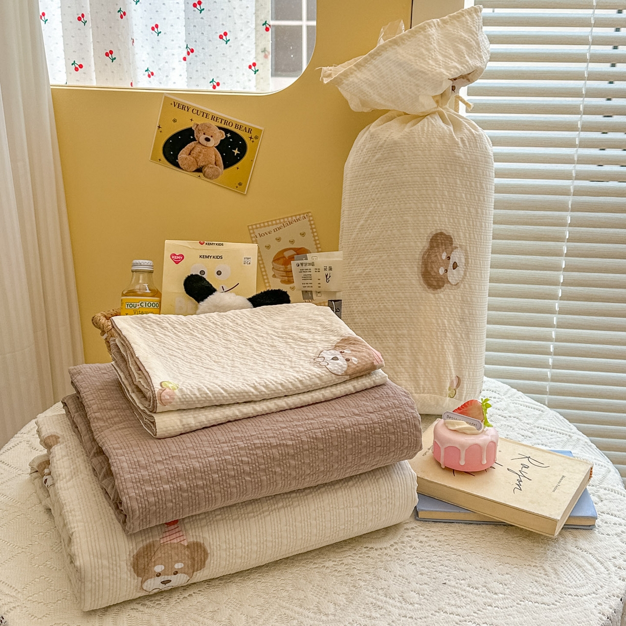 91家纺网 家纺一手货源 找家纺 （总）暖伊家居 2026新款糖果小布袋泡芙纱四件套