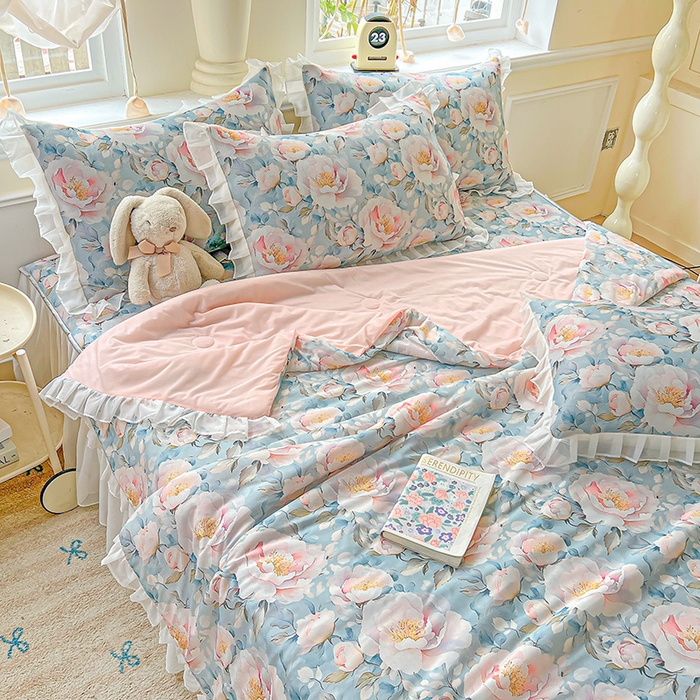 91家纺网 家纺一手货源 找家纺 栩裕纺织 2026新款（常年不断货）A类凉感丝床裙款凉席夏被四件套花边空调被三件套 轻素