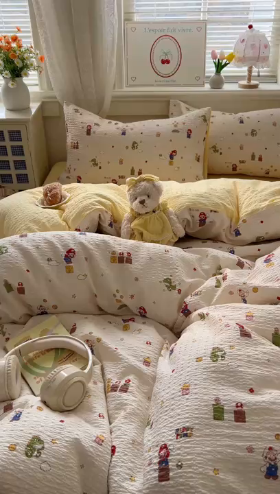 91家纺网 家纺一手货源 找家纺 暖伊家居 2026新款糖果小布袋泡芙纱四件套 马里奥