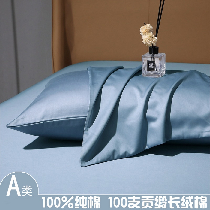 晶缦家纺 2026新全棉A类纯棉100支贡缎长绒棉纯色多规格单枕套 枕套单件-绮云系列 绮云-天青蓝